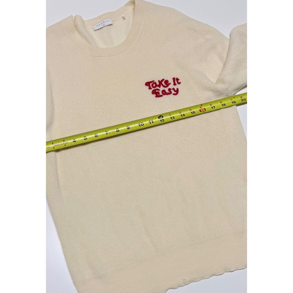 Sandro Paris Take It Easy Embroidered Wool Sweater Cream XL Small Hole - Picture 2 of 7